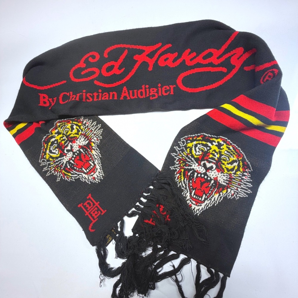 Ed Hardy Tiger Scarf Y2K McBling‎ Tattoo Graphic Black Fringe